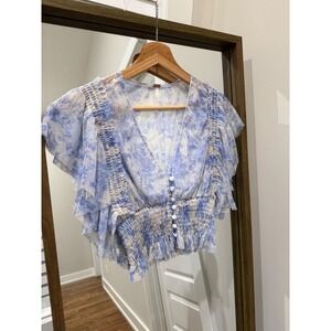 Free People Blue Floral Sheer Ruffle V Neck Smocked Crop Top Blouse XS